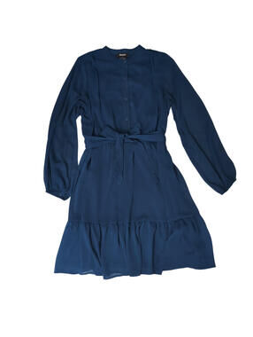 DKNY Teal Blue Chiffon Ruffle Mini Dress Long Sleeve Tie Waist Button Front SZ 8